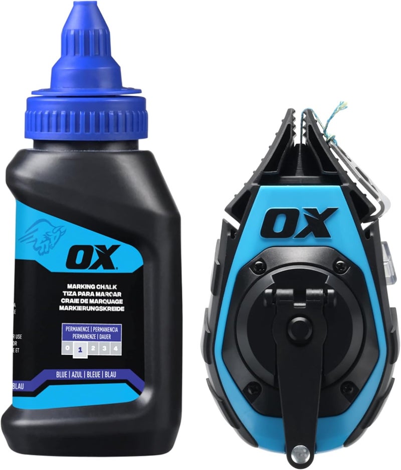 Ox Pro 50ft Precision Chalk Line Tool Value Pack - Kevlar Ultra Fine Line Blue Chalk Reel with 1.5oz Blue Powder Refill - 3:1 Gear Ratio Choclain Tiralineas Choclay - Image 1